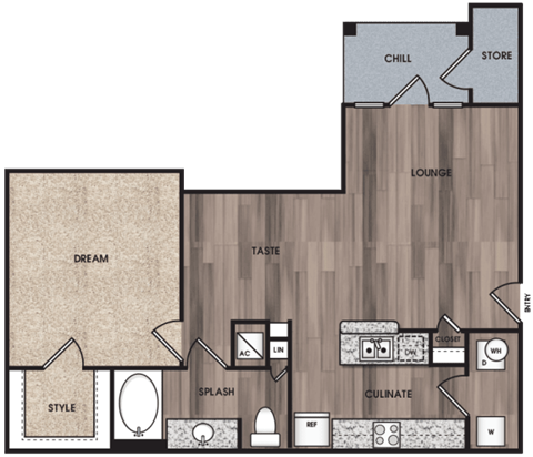 Floor plan for 1 bed, 1 bath, 800 sqft